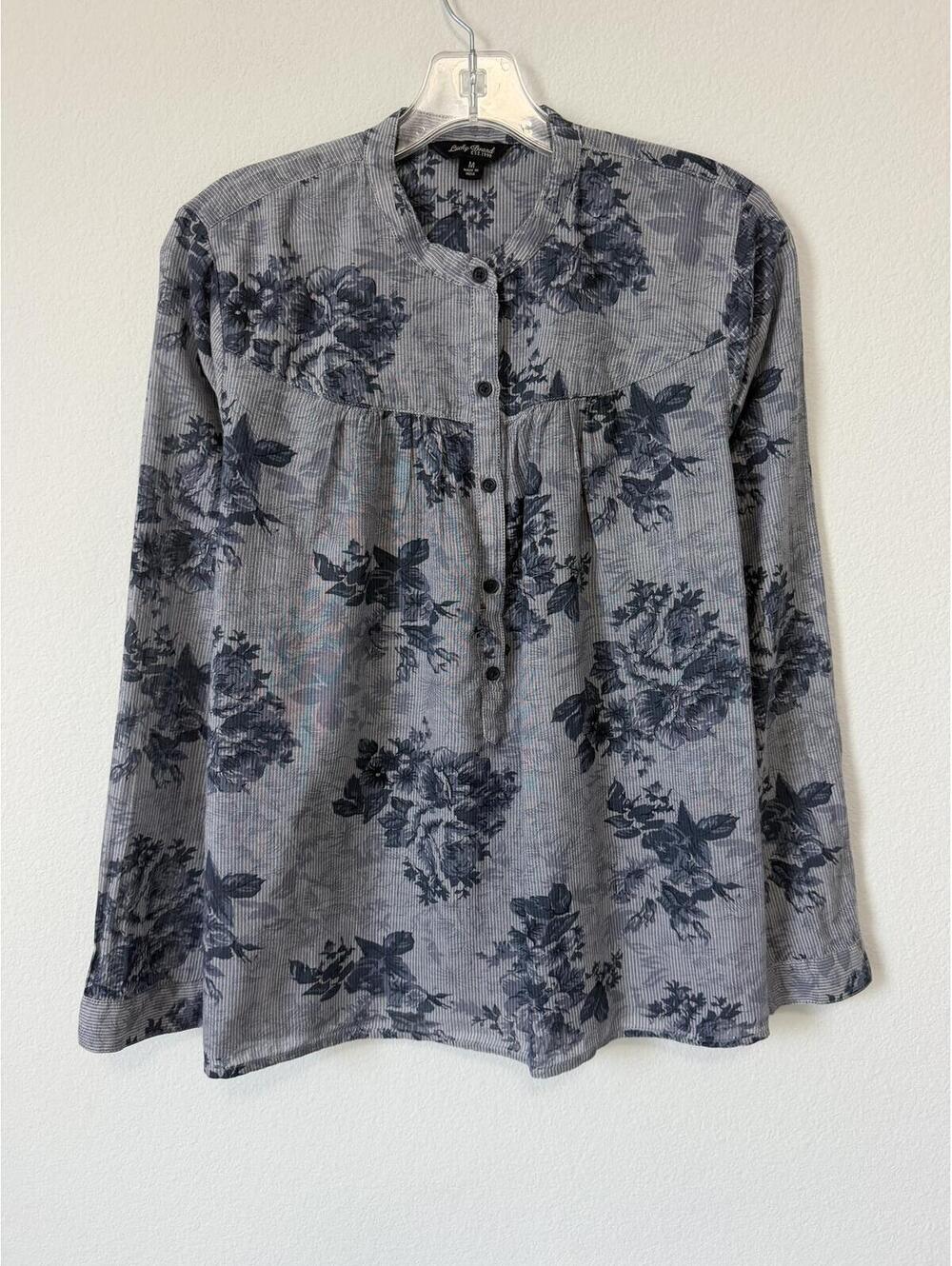 Lucky Brand Long Sleeve Half Button Striped/Floral Chambray Blouse Size M